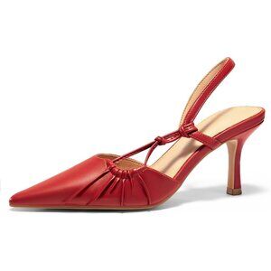 Women's Red Slingback Kitten Heel Closed Pointed Toe Pumps Party Dress Shoes